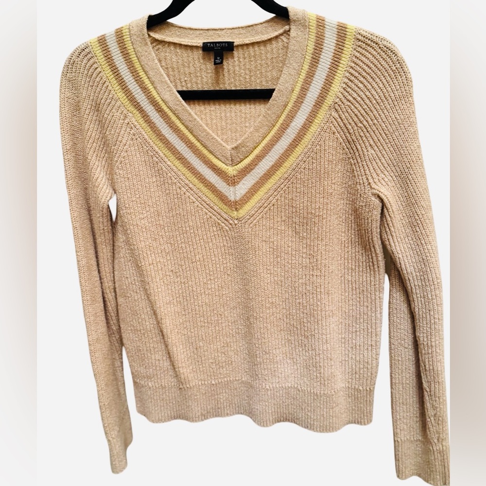 Talbots Small Petite textured Tan V-Neck Sweater with Striped Detail - Picture 3 of 7